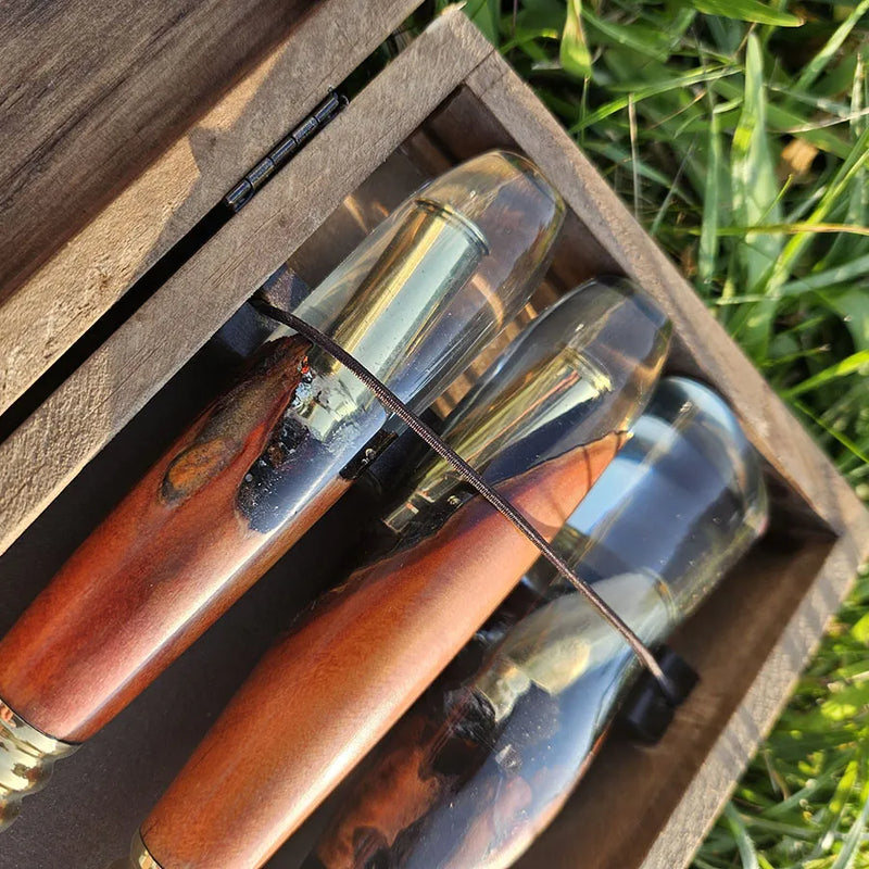 Conjunto Faca Chaira e Garfo Artesanal 8 Polegada, Cabo Híbrido com Bala + Estojo